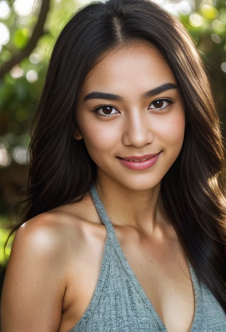 girl 2, (masterpiece), Indonesian skin tone, best quality, expressive eyes, perfect face, (ultra realistic), (nude), Smile, Long Black Hair, innocent face, natural wavy hair, brown eyes, High resolution, masterpiece, Best quality, intricate high detail, highly detailed, focus sharp focus, detailed skin, realistic skin texture, texture, detailed eyes, professional, 4K, charming smile, filmed on Canon, 85 mm, shallow depth of field, Kodak Vision Color, perfect fit body, show nipples, Extremely detailed, photograph_\(ultra\ ), photoreallistic, Realstic, Post-processing, Maximum details, roughness, real life, ultra realist, photorealism, photography, 8K UHD, photography, NSFW, Nude,
