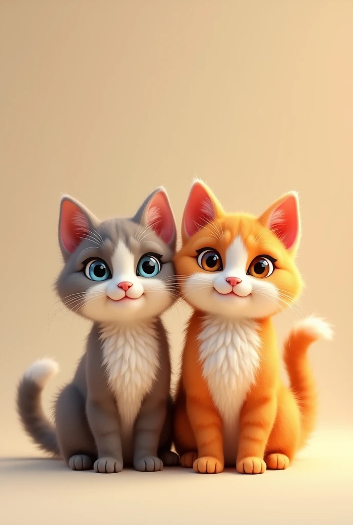 2 adorable male cats smiling with big round eyes sitting next to each other 3d same high and colors
