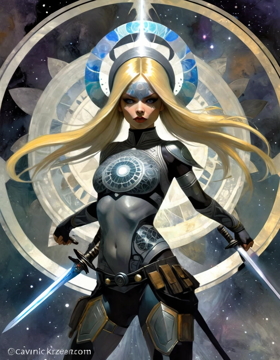 2girl, MANdALA fractal grey body paint, sexy, blonde hair galactic soldier girl holding a galactic mandala grey sword with both hands, mandala helmet and ready to attack agresively, ZZZ, ZENLESSZONEZERO, art inspired by Bill Sienkiewicz and Dave McKean