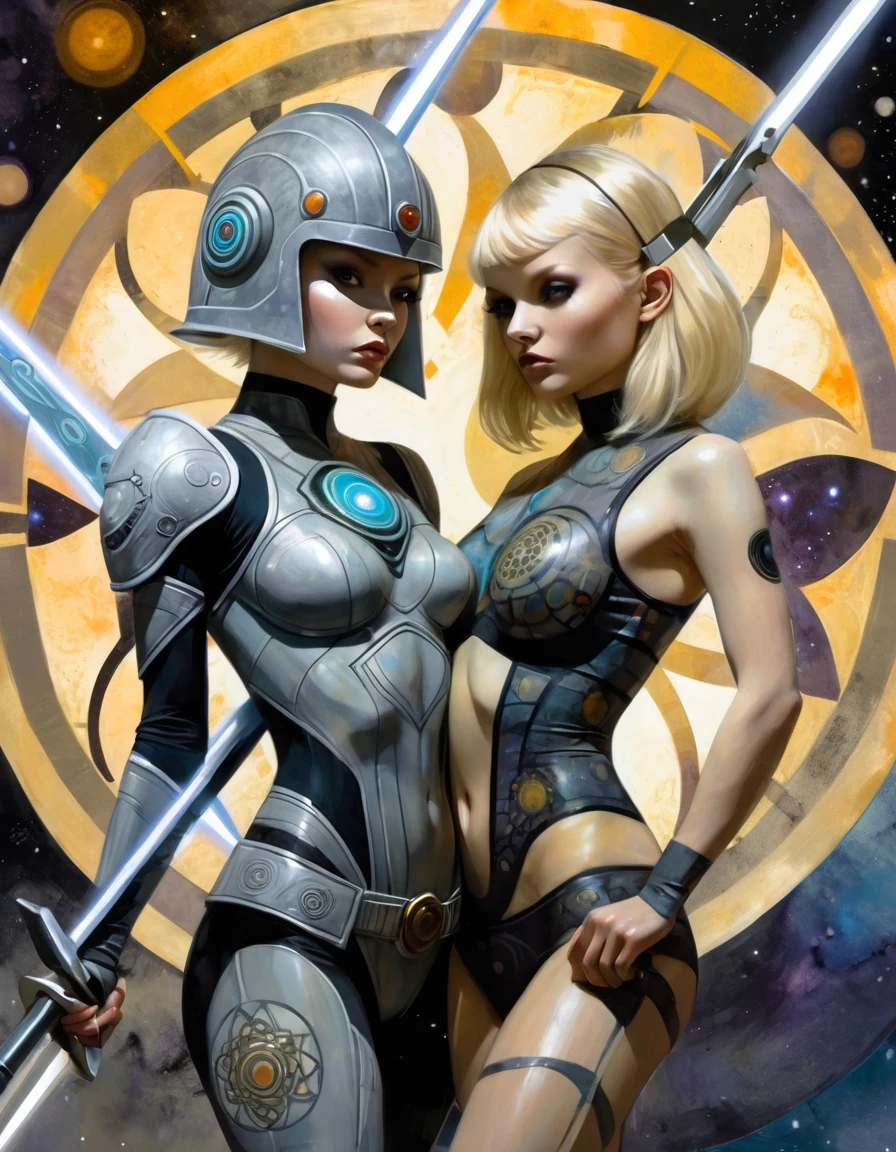 2girl, MANdALA fractal grey body paint, sexy, 15yo blonde hair galactic soldier girl holding a galactic mandala grey sword with both hands, mandala helmet and ready to attack agresively, ZZZ, ZENLESSZONEZERO, art inspired by Bill Sienkiewicz and Dave McKean