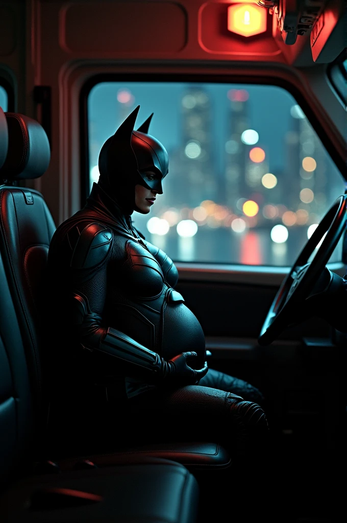 A pergent batwoman going on ambulance with batman
