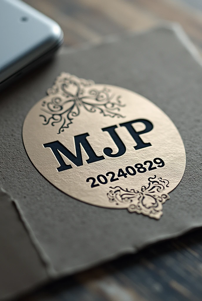 Design a business label featuring display text "MJP" As a central element. The text needs to be displayed prominently "MJP" In bold, Distinctive fonts. Under the letters "MJP" Carve these words, carve these numbers "20240829" italic note font. The design must convey professionalism and strength, Color scheme and style that matches your business identity. Consider incorporating elements that complement the text., Modern or classic borders etc., Improves the overall look、The label is eye-catching、To ensure it is memorable、The image must be landscape。.