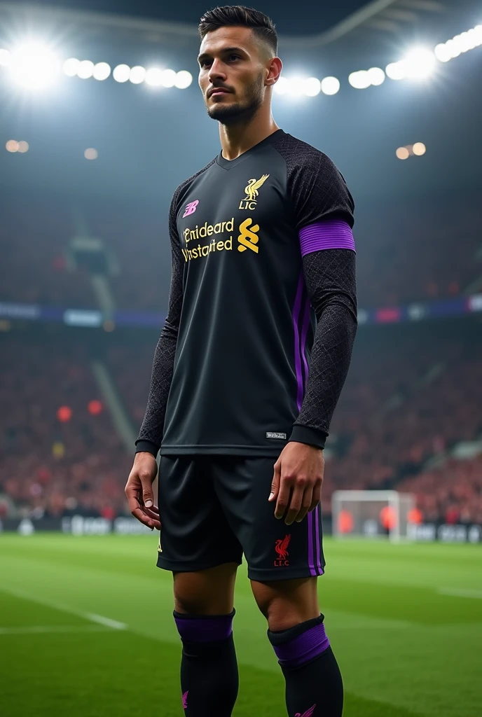 Make me the Liverpool uniform but with black colors, purple and gold