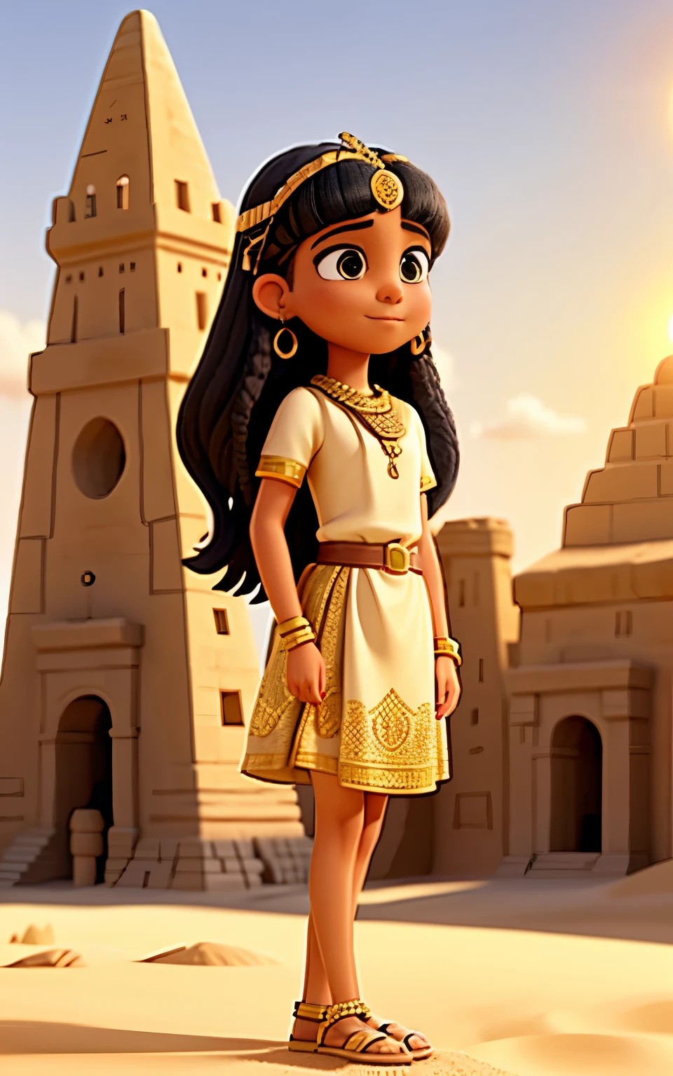 A vibrant and detailed portrait of young Cleopatra, standing on the golden sands of ancient Egypt. Cleopatra has smooth olive skin, dark almond-shaped eyes, and straight black hair. She wears a simple white linen dress, signifying her royal status. The background reveals the majestic pyramids under a bright sun, with the sky glowing in warm hues of gold and orange. The scene features a soft lens flare effect from the sun, casting long shadows on the sand. Gentle desert winds stir up small clouds of sand, adding a sense of movement and life to the scene. The overall atmosphere is warm, with a subtle magical glow that hints at Cleopatra's destined greatness --v 6.0