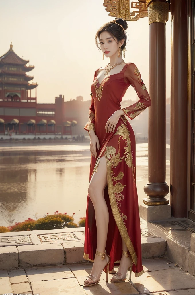 (((best quality))),(((ultra detailed))),(((masterpiece))),illustration,((1 beautiful girl,solo)),(neat bun:1.2),(fair skin:1.3),((slim,thin)),((earrings,necklace)),((small ,flat chest)),(bright almond-shaped eyes:1.3), graceful and elegant aura,(maxi gorgeous exquisitely embroidered red dress:1.5),gold trimmings,(stockings:1.3),(high heels:1.2),(ancient Chinese city scape:1.3),(on spacious square:1.3),(towering magnificent palace-like castle:1.3),gold trimmings,intricate carvings, delicate decorations,((clear sky, fluffy clouds)), warm sunlight, crisp refreshing breeze, serene expression, peaceful atmosphere, (standing:1.3), surrounding beauty,((vibrant October,autumn)),((from front,full body))