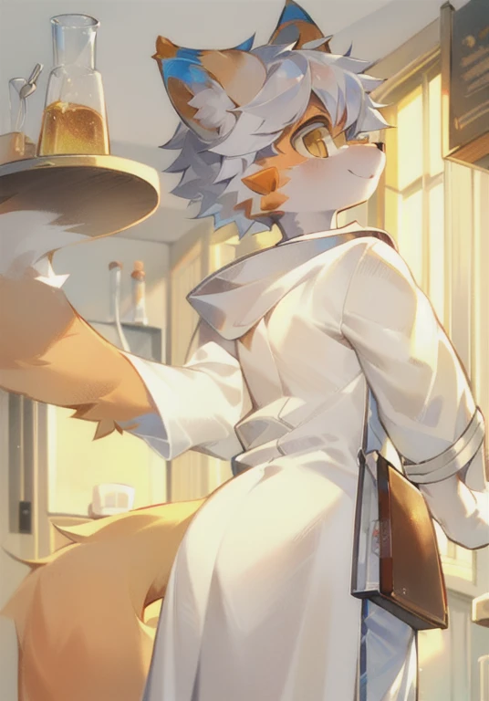 White male cat，boy，cute，Handsome，Silver Hair，Golden Eyes，Big furry tail，Meat pad，Orange hair，White hair，Experiment，In the laboratory，Wearing a white coat，Chemist