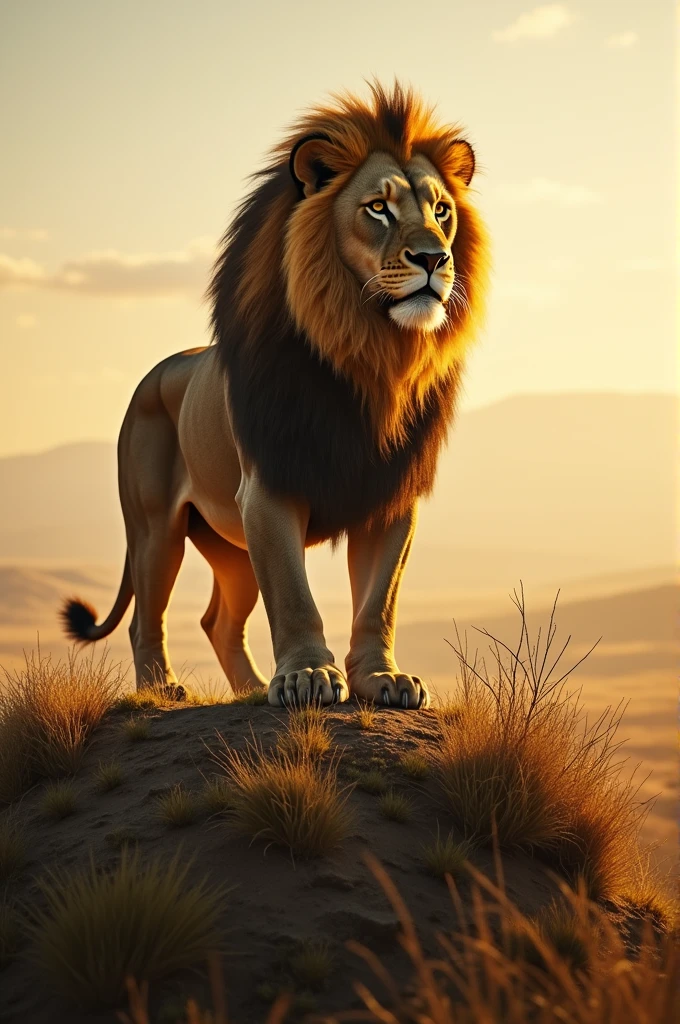 Real big lion with scar standing proudly on the hill