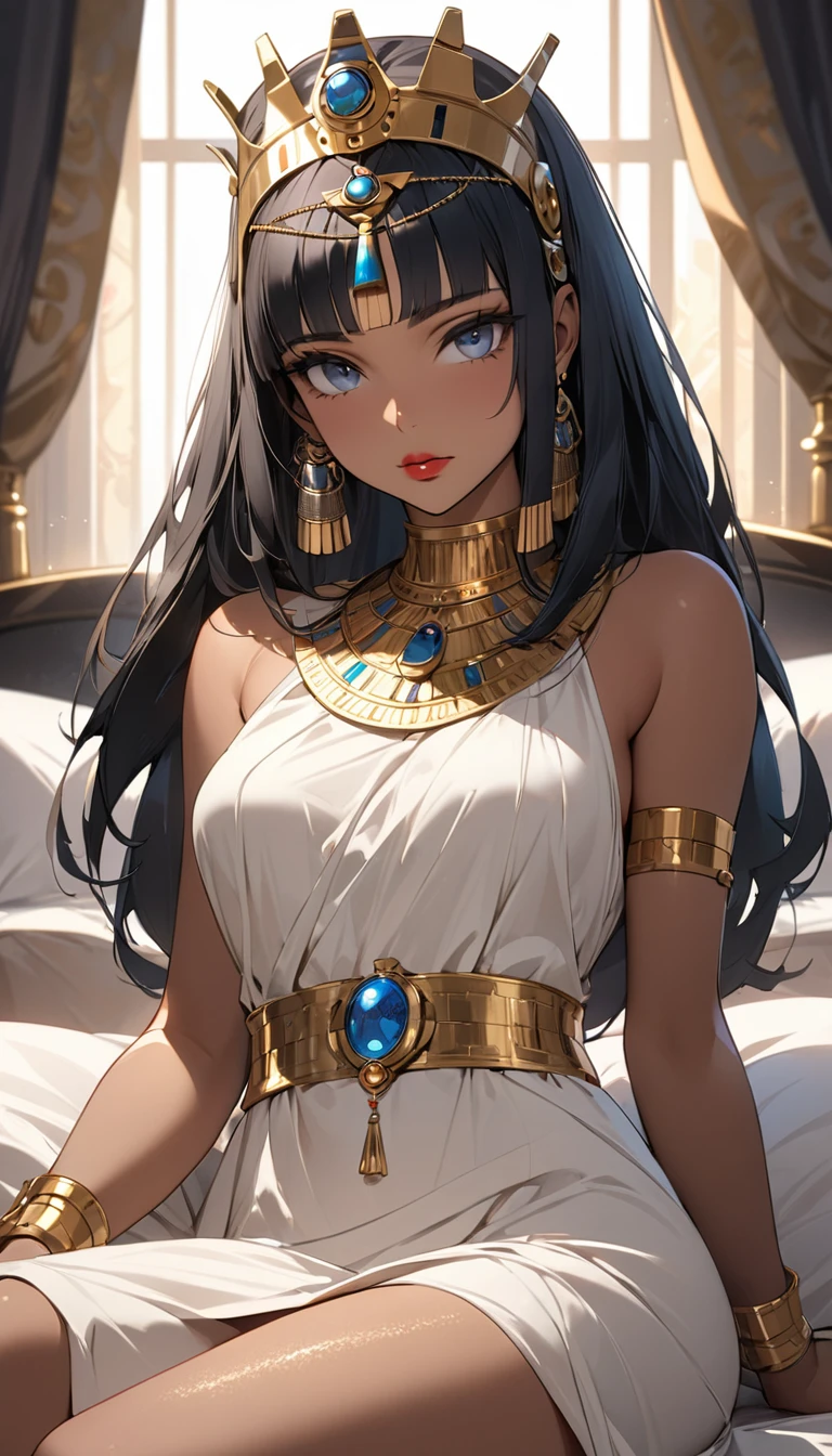 ((best quality)), ((masterpiece)), (Detailed face and eyes), Perfect face, precise, Textured Skin, High Detail, high resolution, Cleopatra, Queen, Wearing a silk dress, Gemstone crown, Lipstick, , Tanned skin, Bronze skin, Sit on the bedroom bed, Half Body