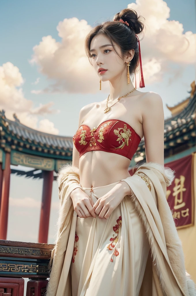(((best quality))),(((ultra detailed))),(((masterpiece))),illustration,((1 beautiful girl,solo)),(neat bun:1.2),(fair skin:1.3),((slim,thin)),((earrings,necklace)),((small breasts,flat chest)),(bright almond-shaped eyes:1.3), graceful and elegant aura,(strapless gorgeous exquisitely embroidered red bra:1.5),gold trimmings,(ancient Chinese city scape:1.3),(on spacious square:1.3),(towering magnificent palace-like castle:1.3),gold trimmings,intricate carvings, delicate decorations,((clear sky, fluffy clouds)), warm sunlight, crisp refreshing breeze, serene expression, peaceful atmosphere, (standing:1.3), surrounding beauty,((vibrant October,autumn)),((from front,close-up of face))