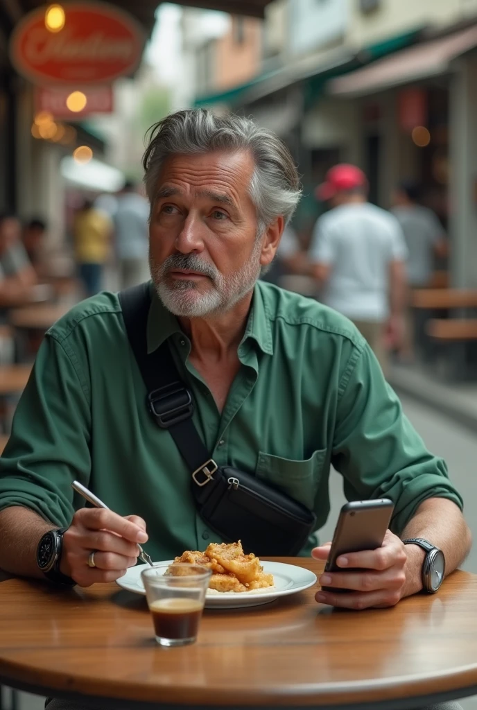 40s man shaved face, green shirt, black sling bag on chest while smoking, wearing smart watch, using phone on wooden table, table with a glass of plastic coffee and a plate of eated food , at stall area