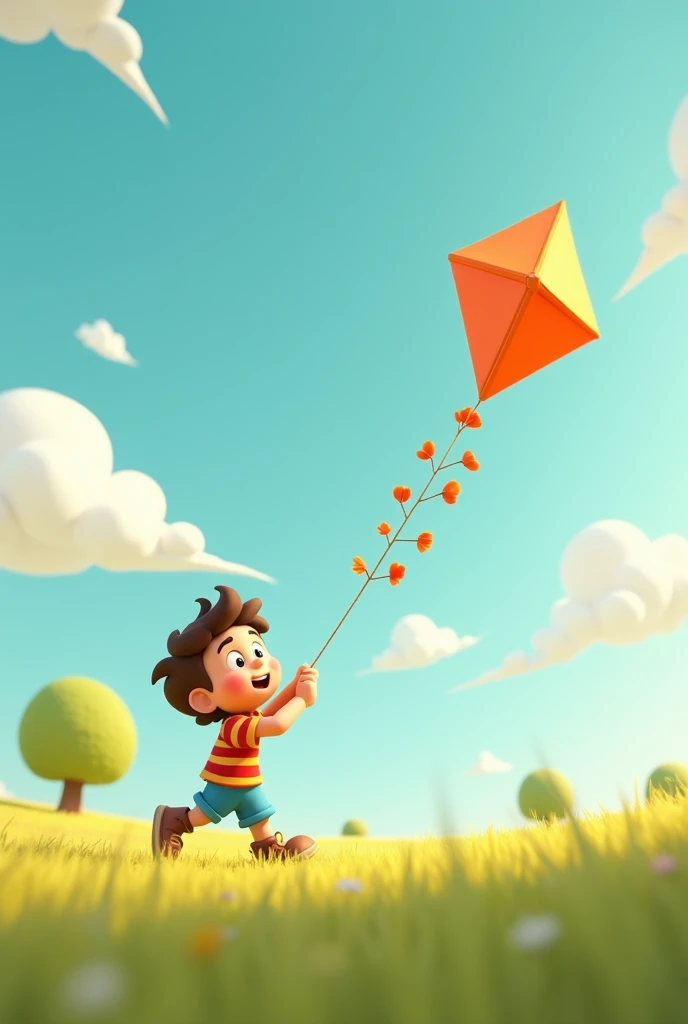 In 3d cartoon animation style "The kite is struggling to stay in the air, repeatedly falling towards the ground. The boy is determined, pulling the string and adjusting it with focus and hope"