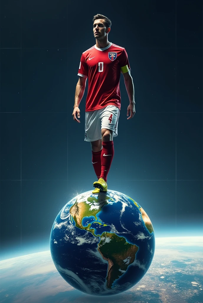 European football player stepping on planet earth as if it were a football 