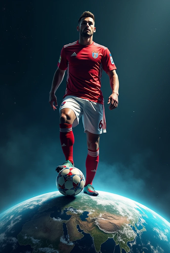 European football player stepping on planet earth as if it were a football