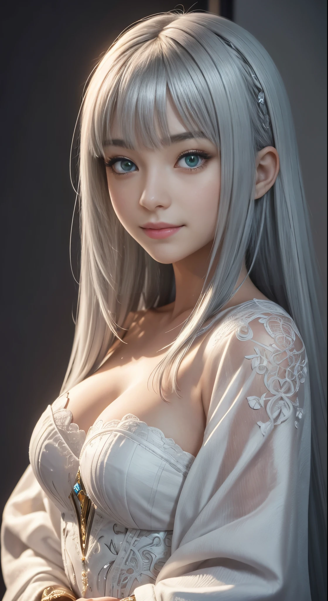 Ultra-detailed and intricate 3D rendering of a beautiful anime character, Beautiful soft studio light, Rim Light, Vivid details,Gorgeous, race, Ultra-realistic, Silver Hair, Ultra-realisticな中世の世界で親密な部分を表現, from front, looking at viewer, Shy Smile, A teenage cute girl, long straight, bangs, Pale, green eyes, uhd, masterpiece, accurate, anatomically correct, beautiful face, perfect face, highly detailed beautiful face and eyes, attractive face, textured skin, super detail, high details, high quality, highres, best quality, 16K