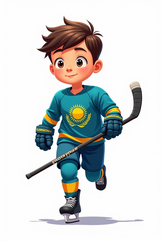 ((officially)) ((masterpiece)) ((Best quality)) ((detailed)) cartoon boy hockey player running with stick in uniform with emblem flag of Kazakhstan on white background