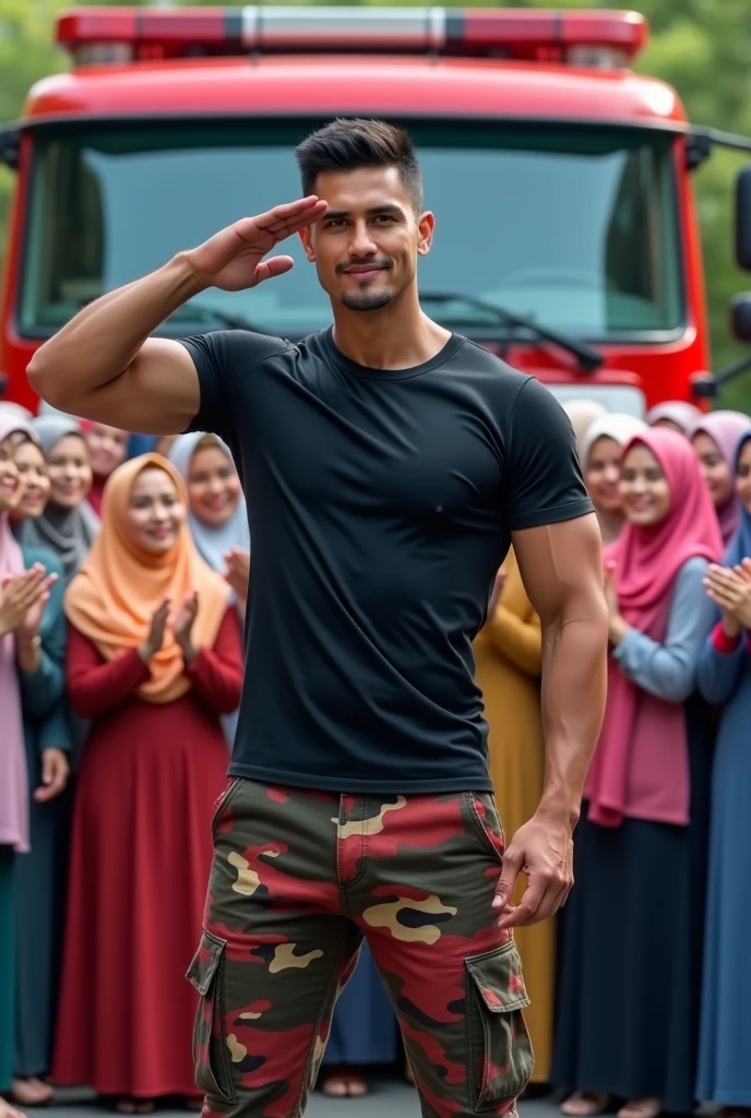 Malaysia guy  2s. big muscle Handsome Man wear Blackshirt salute position. Cargo pant camouflage red army green black. firefighter jumpsuit wear tight in . Very muscle body. many girl hijab colorfull women cheerfull face clapping hand surrounded man . Firetruck background. 