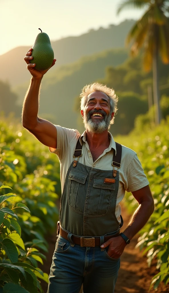 In front of a vibrant, colorful backdrop, a farmer holds up an avocado in his hand as if it were a precious treasure. His face displays joy and pride. Behind him, there is a natural, seasonal landscape with hints of agricultural fields.
Style: Cinematic, with bright colors and intense lighting. The image conveys a celebratory moment, highlighting the farmer’s face and the avocado prominently.