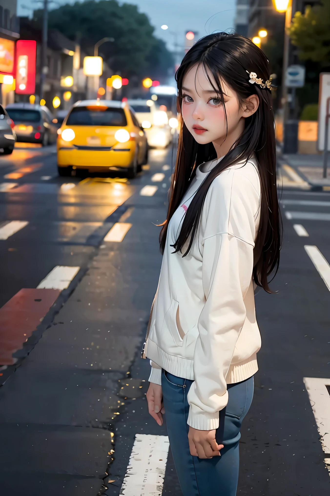 A young woman stands on the road, blurred background, beautiful, realistic