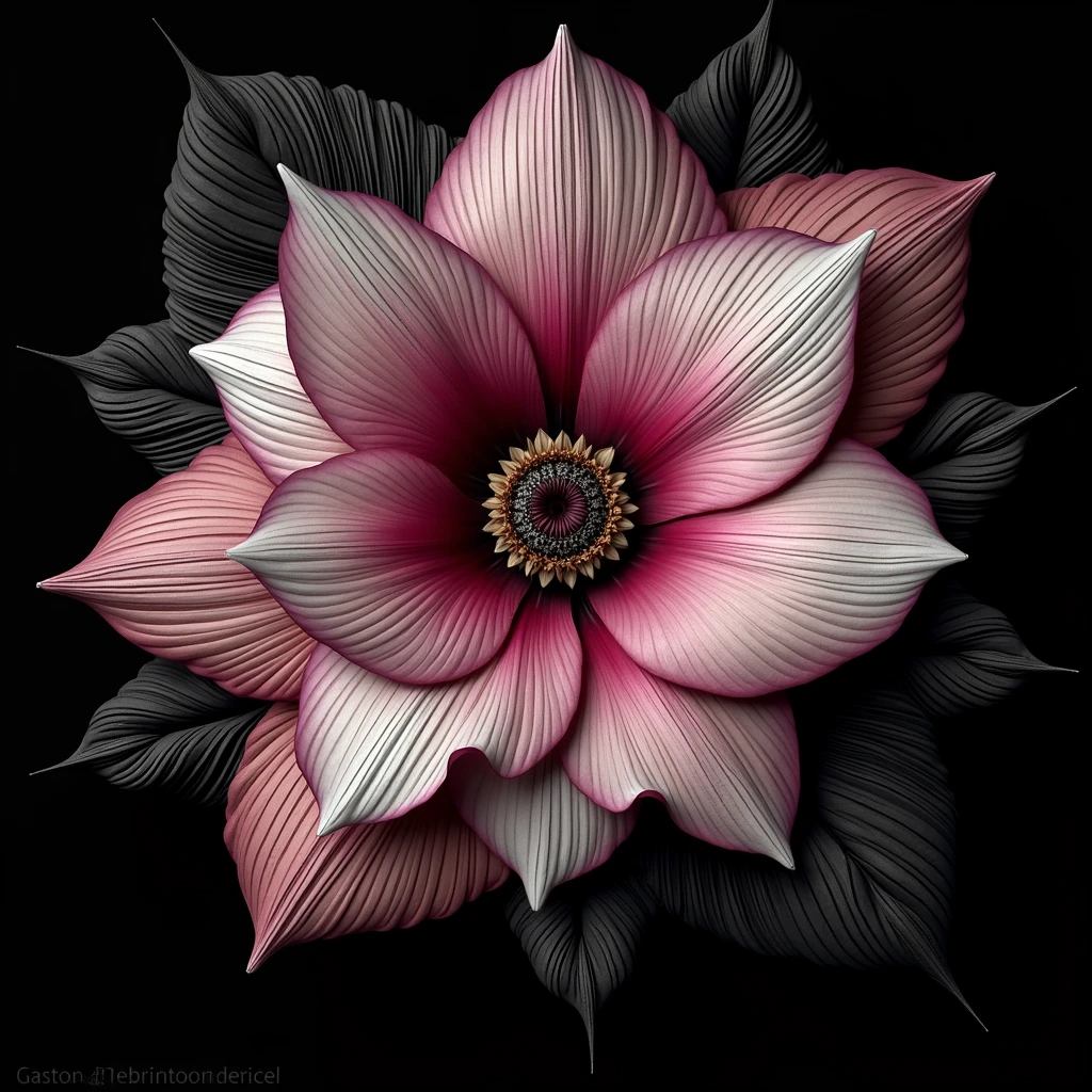 a flower in bloom. ((desire, fulfillment,pride,cruelty)),((pink,black,pale grey)),((deep wiew)),photographic,ultra high resolution,hyperdetailed, masterpiece, 3d modelling, digital art.