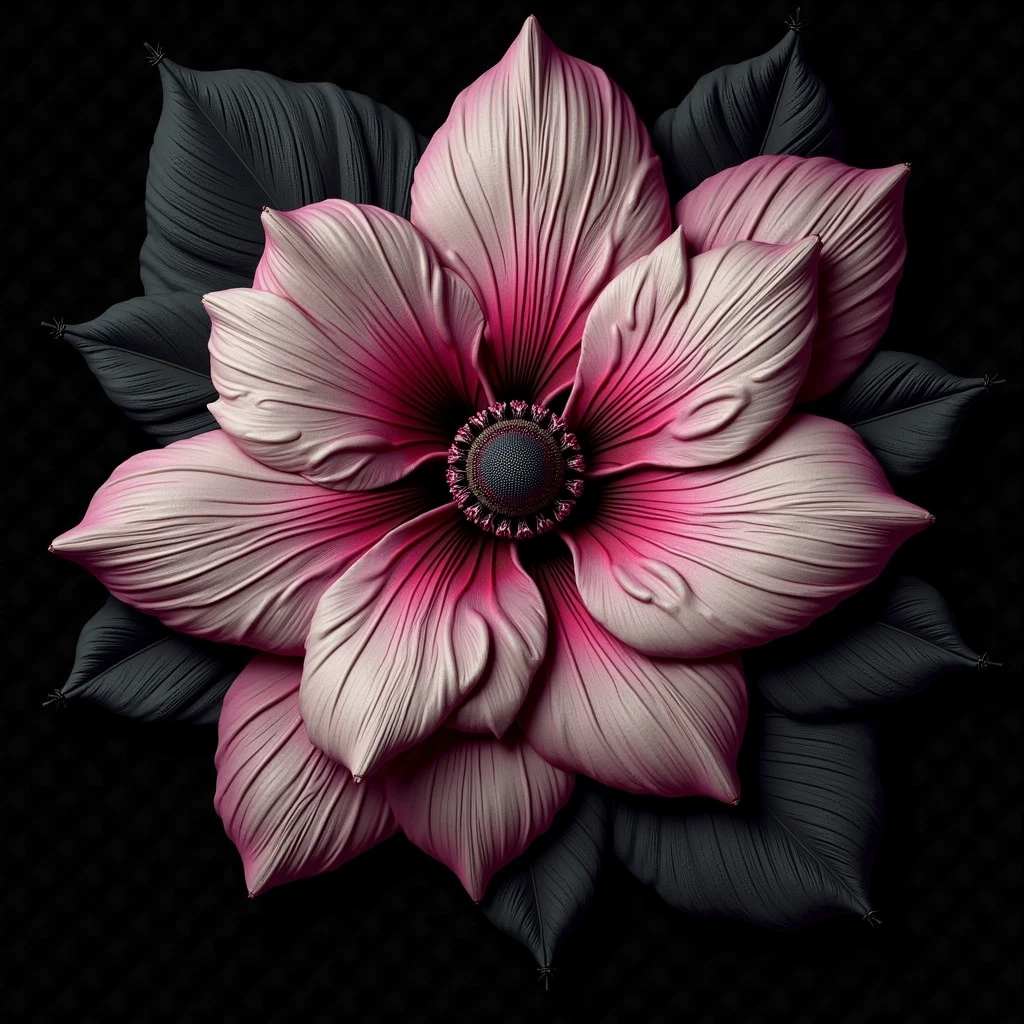 a flower in bloom. ((desire, fulfillment,pride,cruelty)),((pink,black,pale grey)),((deep wiew)),photographic,ultra high resolution,hyperdetailed, masterpiece, 3d modelling, digital art.