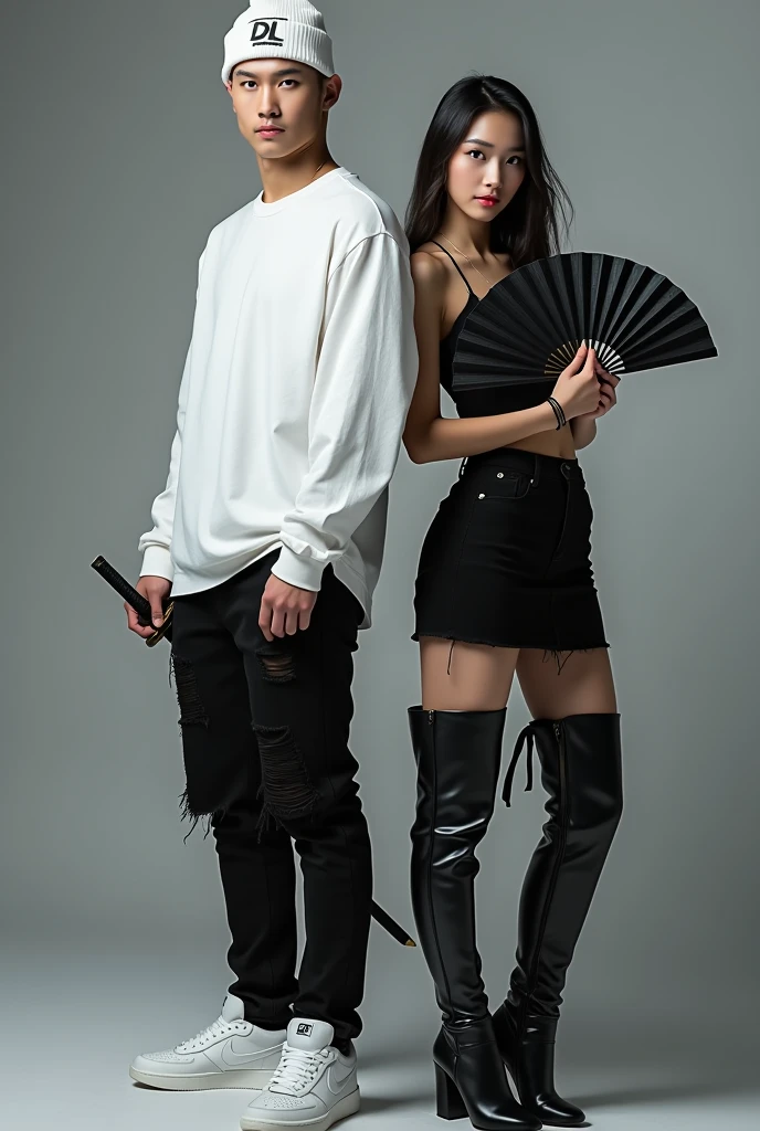 Featuring full HD high resolution images, a handsome man from korea, wearing a long-sleeved white shirt, black ripped jeans, nike brand white sneakers, and wear a white beanie hat with the DL logo, Hair is not visible, the man stands holding a samurai with a macho face looking at the camera, Beside the man stood a beautiful woman with long hair,wearing a short black shirt showing the navel,black skirt and black high boots and holding a cool open fan, photo shoot studio background, realistic