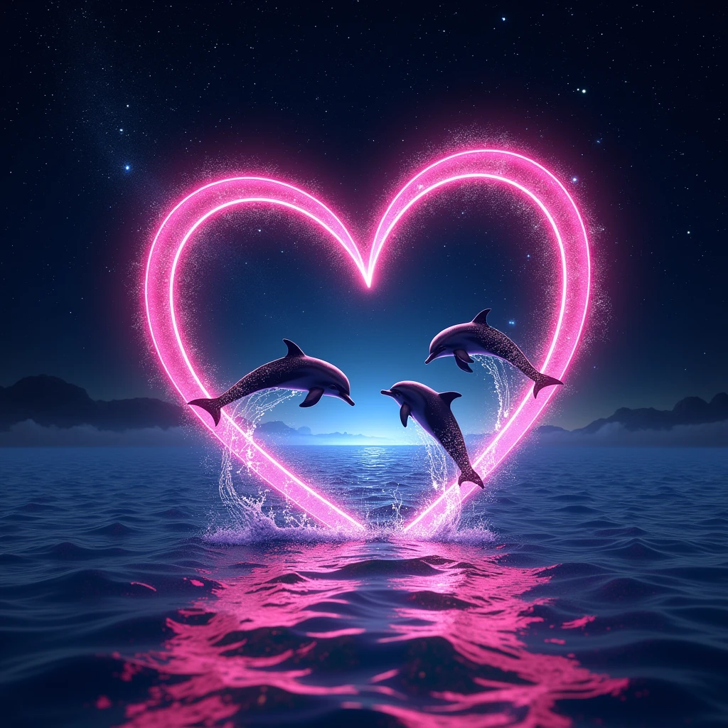 A sparkling open heart object、romantic、photograph、panorama、Neon color、Bright colors、Ultra-high resolution、
Inside the open heart is a picture of the ocean、Countless stars in the background、The overall image is dark, but the heart-shaped object shines brightly.、
A sky studded with stars、Dolphins jumping in the sea、The water surface reflects accurately、The stars are realistic and lively、Dolphins are wet and vivid、Water droplets and water are transparent。The heart frame shines in neon colors.、