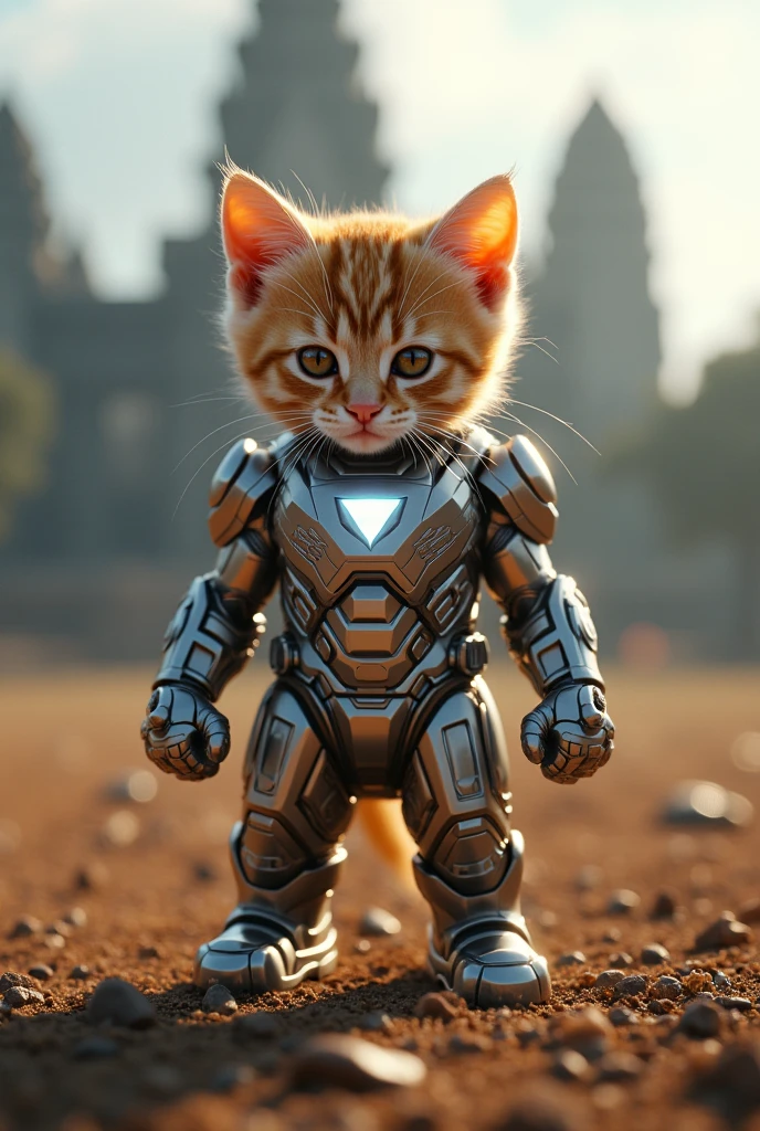 "Creater a 4K, 8K ultra-detailed image of a kitten wearing an ironman-like costume with a custom superhero design. Ensure the scene is realistic, with the background save country is attacks by alen and Save Angkorwath temple digital on Cambodai.