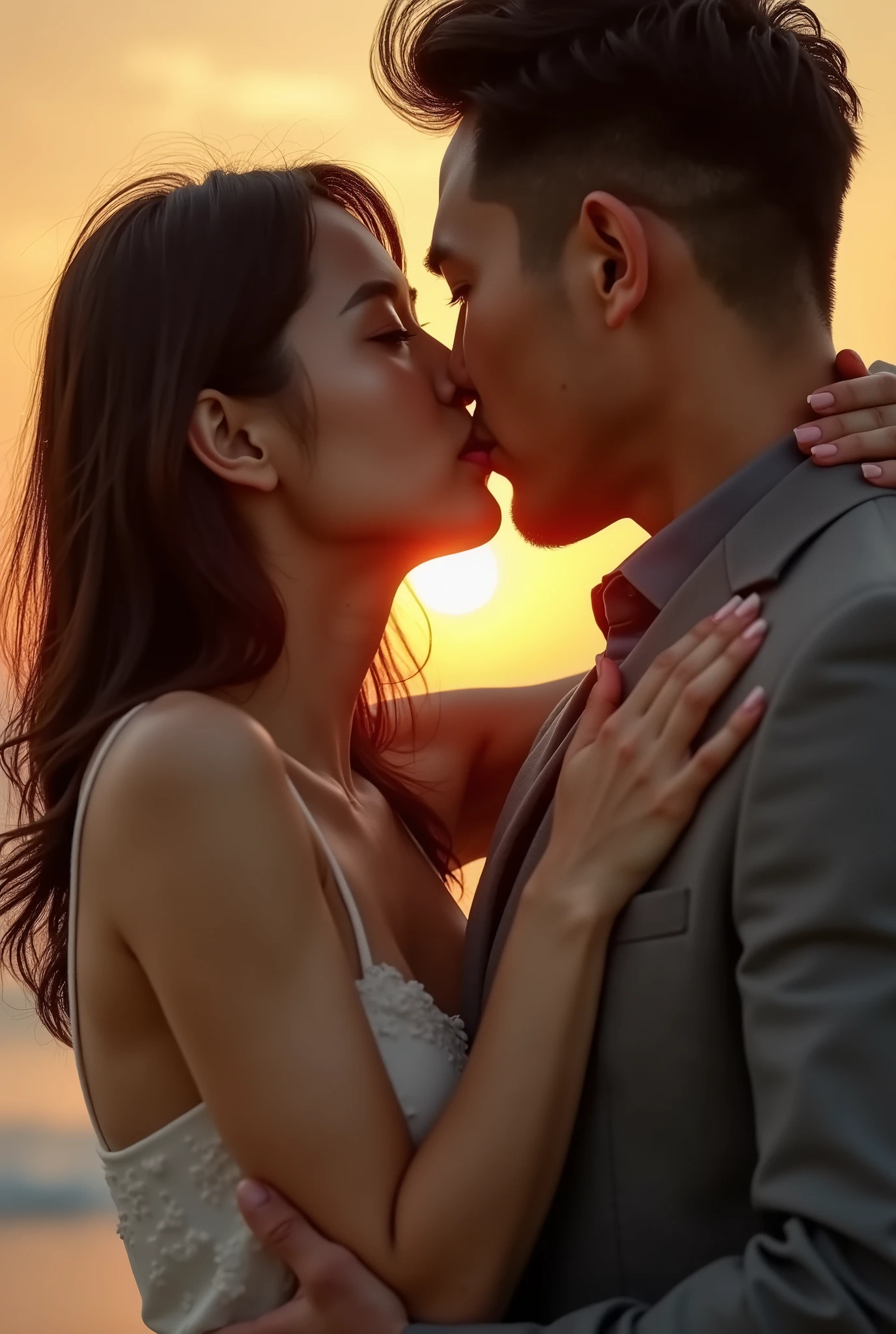 A beautiful Korean woman is having sex with a handsome Korean man while licking his penis