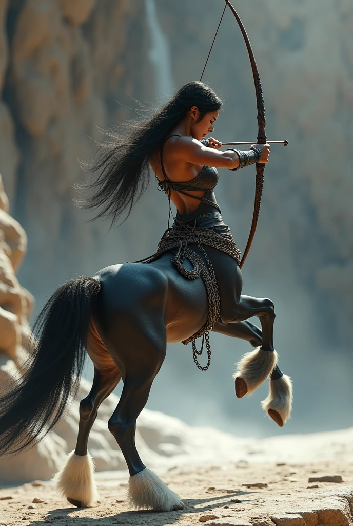 ((masterpiece, Highest quality, Best image quality, High resolution, Realistic, RAW Photos, 8k)), ((Highly detailed CG synthesis 8k wallpaper)), (Huge and stunning goddess shot, Very hot and sexy, Incredible beauty, Perfect Proportions, Beautiful body, Slim body beauty:1.4), Centaur female warrior, dark skin, black fur, long black hair tied back, boobs, wearing leather armor, chains around her body, mythical creature with a horse body and a female upper body, front view, great war of the gods in mythical times, Jumping and preparing the bow, front view,