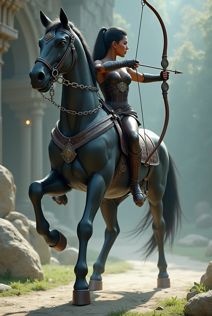 ((masterpiece, Highest quality, Best image quality, High resolution, Realistic, RAW Photos, 8k)), ((Highly detailed CG synthesis 8k wallpaper)), (Huge and stunning goddess shot, Very hot and sexy, Incredible beauty, Perfect Proportions, Beautiful body, Slim body beauty:1.4), Centaurs woman, Mythical creature with dark skin, black fur, long black hair tied back, boobs, leather armor, chains around her body, and a female upper body attached to a horse's body, Jumping and preparing the bow,
