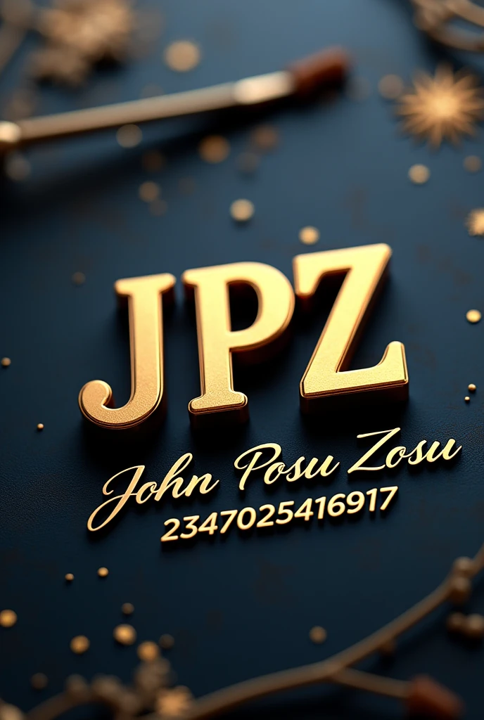 Design a business label featuring the display letters "JPZ" as the central element. It should prominently display the letters "JPZ" in a bold, distinctive font. Under the letters "JPZ" inscribe the word "John Posu Zosu" in italics cursive writing. Under the word "John Posu Zosu" inscribe this numbers "2347025416917" in italics cursive writing. The design should convey professionalism and strength, with a color scheme and style that aligns with the business’s identity. Consider incorporating elements that complement the letters, such as a modern or classic border, to enhance the overall appearance and ensure the label is both eye-catching and memorable and image should be in landscape.