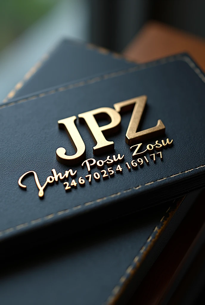 Design a business label featuring the display letters "JPZ" as the central element. It should prominently display the letters "JPZ" in a bold, distinctive font. Under the letters "JPZ" inscribe the word "John Posu Zosu" in italics cursive writing. Under the word "John Posu Zosu" inscribe this numbers "2347025416917" in italics cursive writing. The design should convey professionalism and strength, with a color scheme and style that aligns with the business’s identity. Consider incorporating elements that complement the letters, such as a modern or classic border, to enhance the overall appearance and ensure the label is both eye-catching and memorable and image should be in landscape.
