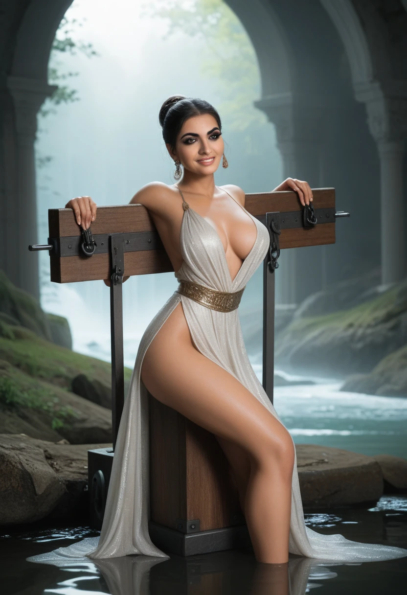 A beautiful and sexy muslim princess woman dress in flowing silk, beautiful aquiline face detail, brown eyes, full luscious lips, dark eyeliner and eyeshadow, flirty smile, mischievous glint in her eye, detailed busty, perfect legs, lithe body, wonderful and innocent energy, adventurous spirit, Lucious dark hair, atmospheric fog, ambient light, rim light, a persian palace, sexy dancing and twirling,woman laying on n river,slave, chained in stocks, stretching on a wheel, torture,