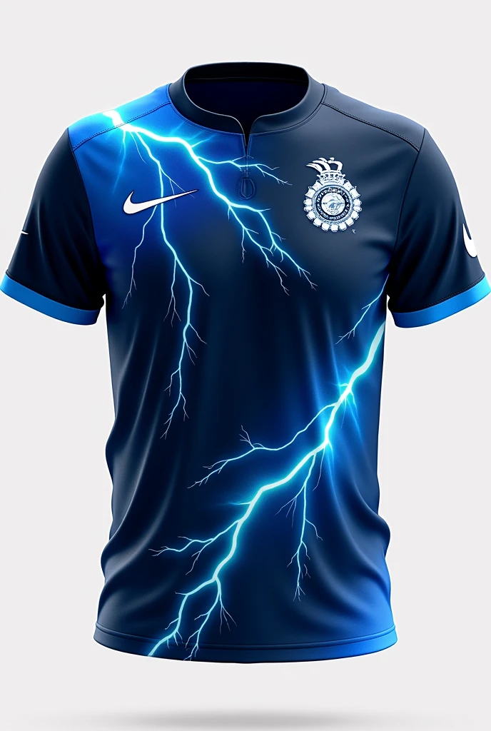 Create a jersey design with following ideas
Base Color: Deep Navy Blue
Design Elements:
Abstract lightning bolt patterns in bright electric blue running diagonally across the jersey, symbolizing speed and power.
The lightning bolts could have a gradient effect, fading into the navy blue background to create a dynamic look.
Logo and Accents:
The Mumbai Indians logo in contrasting white with a bold outline.
Bright blue accents on the collar and cuffs to complement the lightning theme.