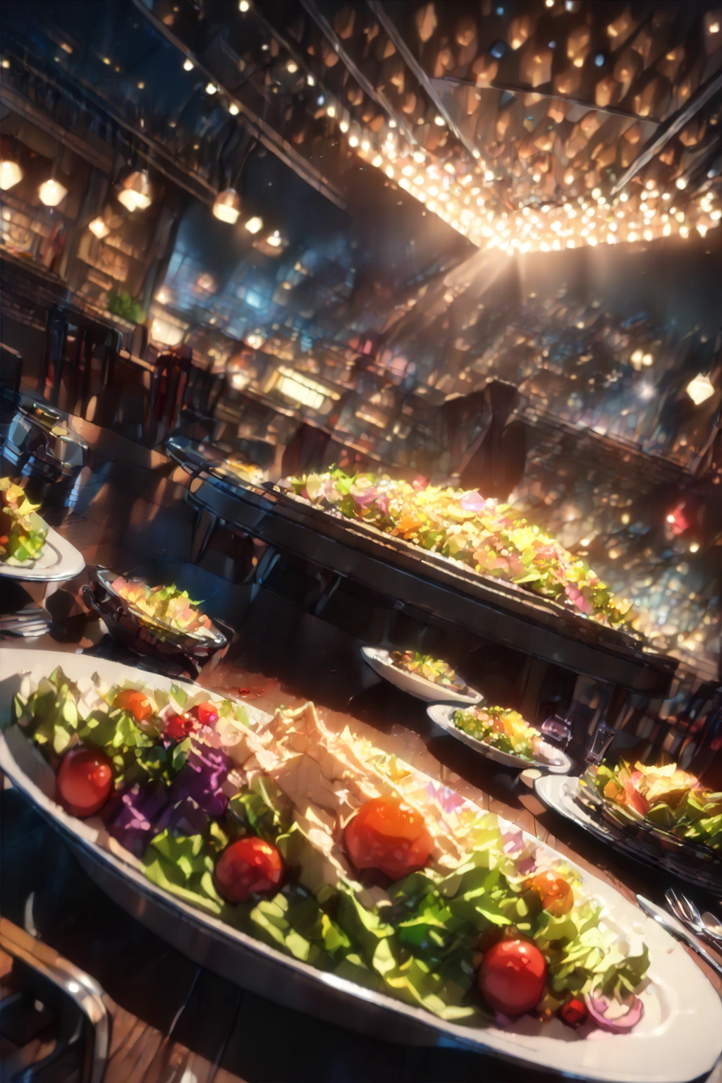 anime, Adventurer's Tavern, colorful salad, Cooking Up, dish, fork, knife, table, Cinema Lighting, masterpiece, Highest quality(Depth of field hdr 8k 4k wallpaper movie angle, Cinema Lighting,:1.5) (masterpiece, Highest quality:2.0), (Depth of field hdr 8k 4k wallpaper movie angle, Cinema Lighting,:1.5) (masterpiece, Highest quality:1.75)