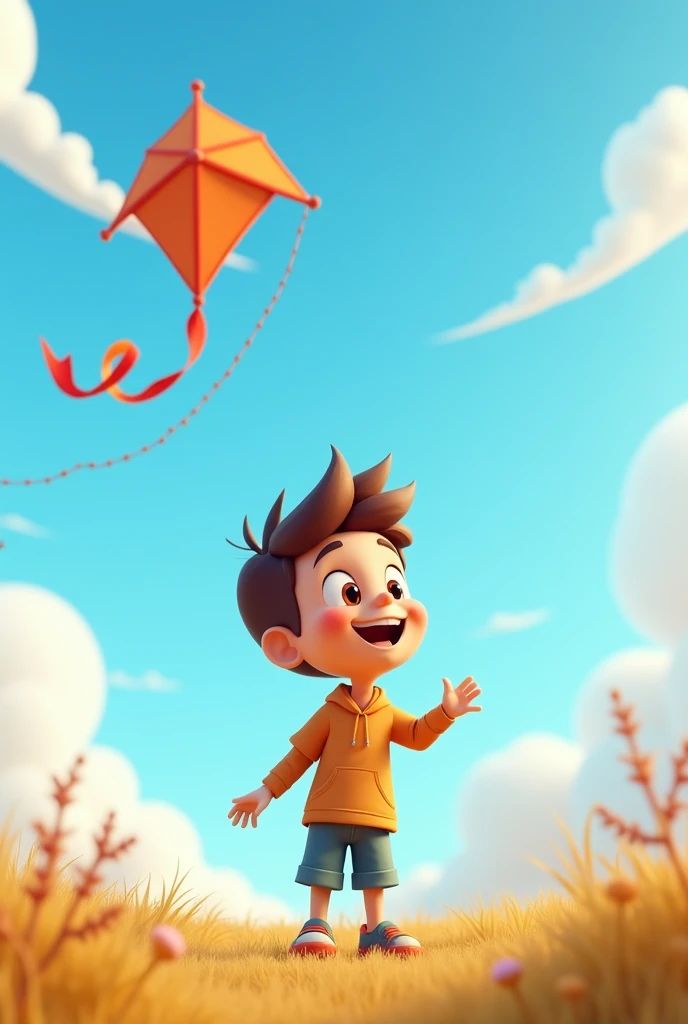 In 3d cartoon animation style "The kite finally stabilizes and starts to rise higher in the sky. The boy is smiling with joy and satisfaction, watching his kite soar."