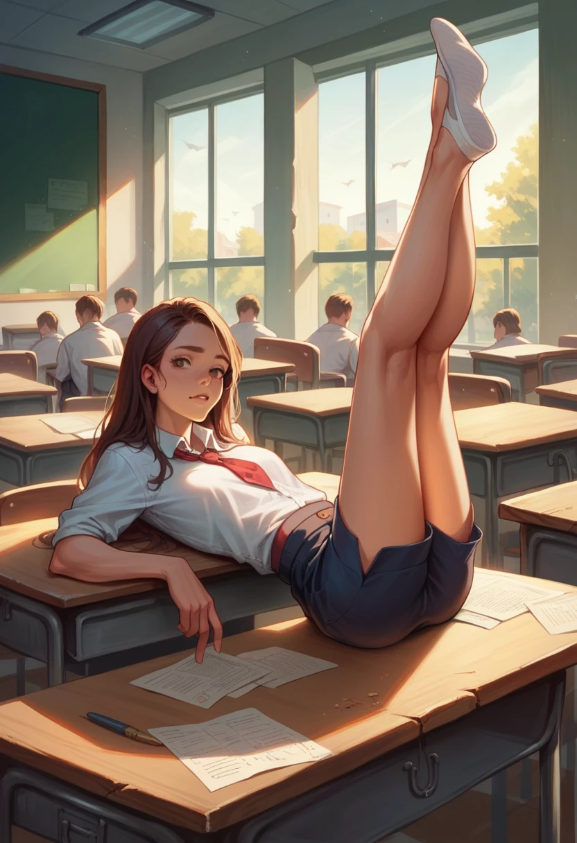 Best quality, masterpiece, detailed,2d,flat color, several students, At school, are sitting in front of me at the desk, legs raised up, I see that THEY don&#39;t have any panties on, no panties