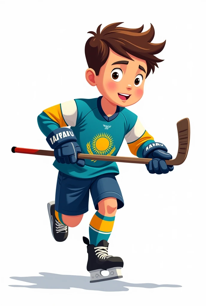 ((officially)) ((masterpiece)) ((Best quality)) ((detailed)) cartoon boy hockey player running with stick in uniform with emblem flag of Kazakhstan on white background
