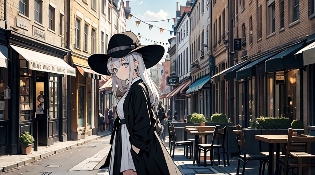 A woman watching people walking down the main street from a seat on a café terrace, Black Hat, Black Boots, Black Long Cardigan, White dress