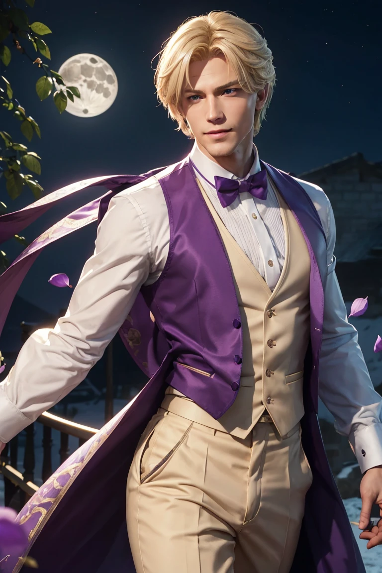 KOF,King of Fighters,King,Blue Eyes,Blonde Hair,Medium Hair,White long shirt,Purple vest,A bow tie,Beautiful white skin,Photorealistic,Ultra HD,high quality,masterpiece,Digital SLR,Detailed details,Intricate details,Anatomical basis,Depicted in detail,A detailed face,Realistic skin texture,Vivid details,Perfect Anatomy,Perfect Anatomy,Anatomically correct hand,Anatomically correct fingers,Super Detail,Complex 3D rendering,Sexy pose,Fantasy worldview,Beautiful Full Moon,,Beautiful night sky,Purple rose petals fluttering,Picturesque,Pink Lips,smile,