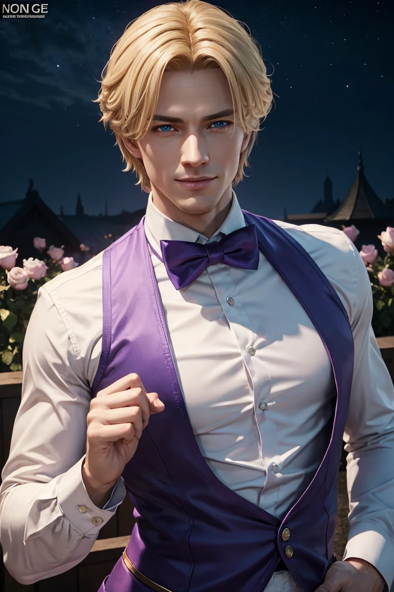 KOF,King of Fighters,King,Blue Eyes,Blonde Hair,Medium Hair,White long shirt,Purple vest,A bow tie,Beautiful white skin,Photorealistic,Ultra HD,high quality,masterpiece,Digital SLR,Detailed details,Intricate details,Anatomical basis,Depicted in detail,A detailed face,Realistic skin texture,Vivid details,Perfect Anatomy,Perfect Anatomy,Anatomically correct hand,Anatomically correct fingers,Super Detail,Complex 3D rendering,Sexy pose,Fantasy worldview,Beautiful Full Moon,,Beautiful night sky,Purple rose petals fluttering,Picturesque,Pink Lips,smile,