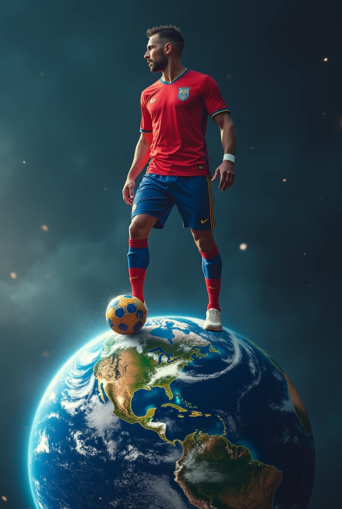 European football player stepping on planet earth as if it were a football