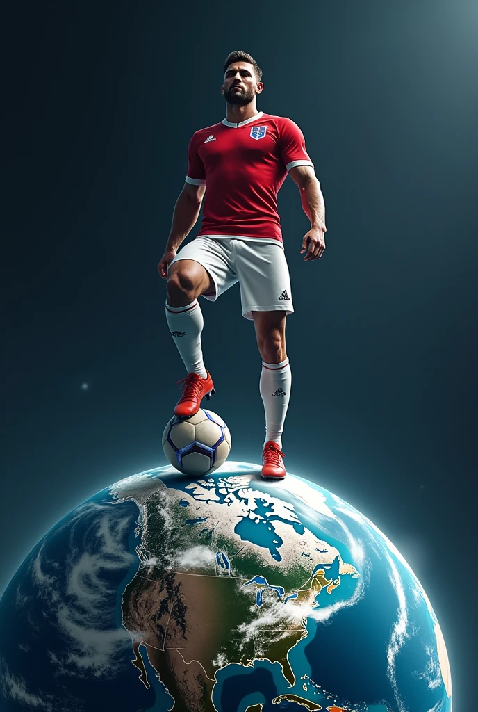 European football player stepping on planet earth as if it were a football