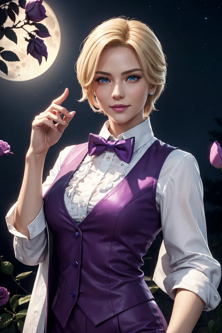 KOF,King of Fighters,King,Blue Eyes,Blonde Hair,Medium Hair,White long shirt,Purple vest,A bow tie,Beautiful white skin,Photorealistic,Ultra HD,high quality,masterpiece,Digital SLR,Detailed details,Intricate details,Anatomical basis,Depicted in detail,A detailed face,Realistic skin texture,Vivid details,Perfect Anatomy,Perfect Anatomy,Anatomically correct hand,Anatomically correct fingers,Super Detail,Complex 3D rendering,Sexy pose,Fantasy worldview,Beautiful Full Moon,,Beautiful night sky,Purple rose petals fluttering,Picturesque,Pink Lips,smile,