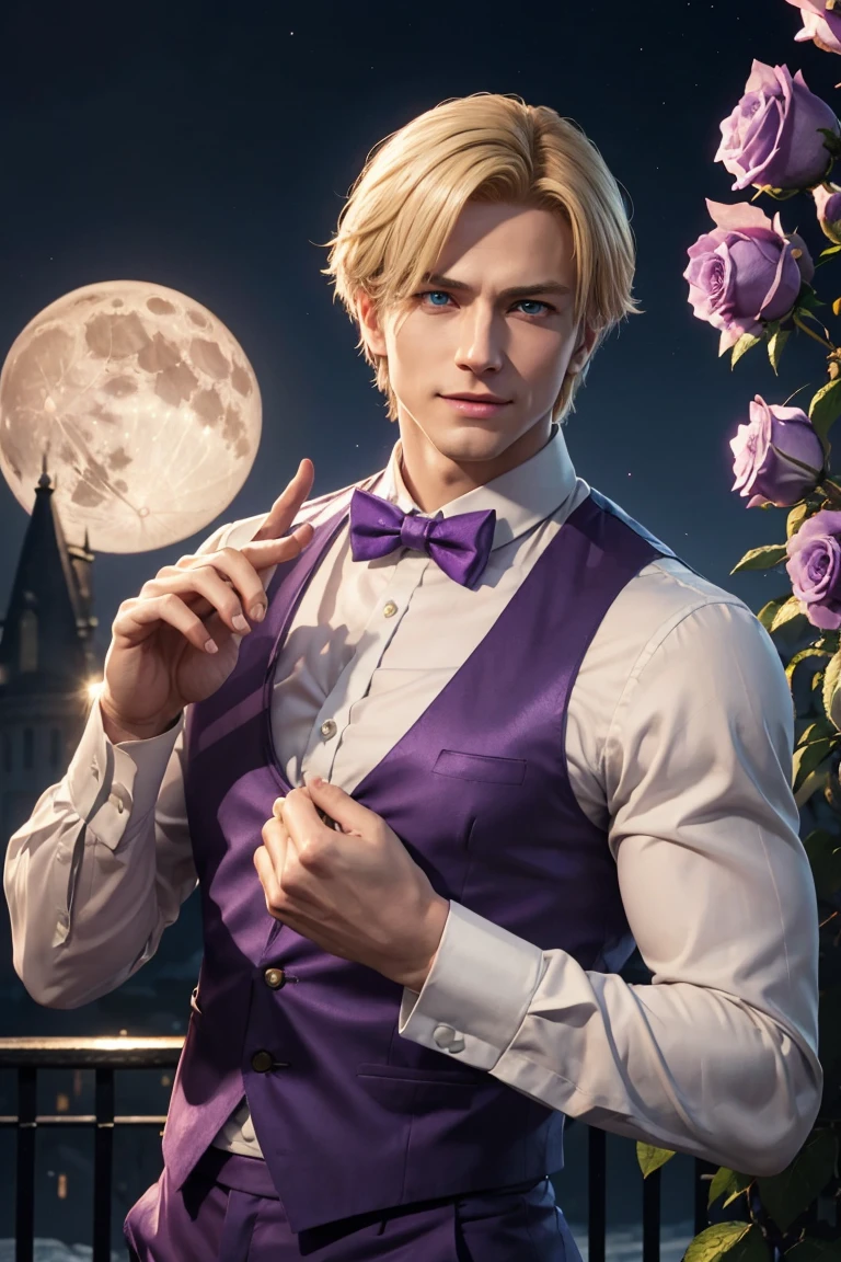 KOF,King of Fighters,King,Blue Eyes,Blonde Hair,Medium Hair,White long shirt,Purple vest,A bow tie,Beautiful white skin,Photorealistic,Ultra HD,high quality,masterpiece,Digital SLR,Detailed details,Intricate details,Anatomical basis,Depicted in detail,A detailed face,Realistic skin texture,Vivid details,Perfect Anatomy,Perfect Anatomy,Anatomically correct hand,Anatomically correct fingers,Super Detail,Complex 3D rendering,Sexy pose,Fantasy worldview,Beautiful Full Moon,,Beautiful night sky,Purple rose petals fluttering,Picturesque,Pink Lips,smile,