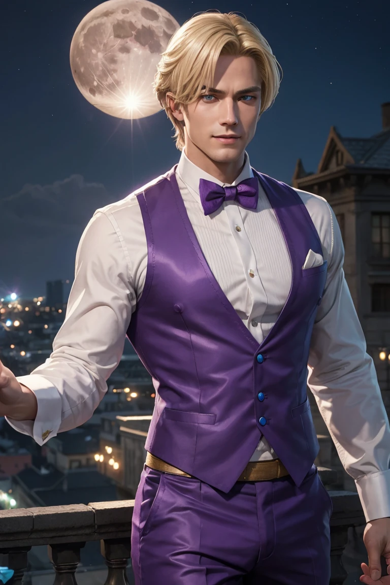 KOF,King of Fighters,King,Blue Eyes,Blonde Hair,Medium Hair,White long shirt,Purple vest,A bow tie,Beautiful white skin,Photorealistic,Ultra HD,high quality,masterpiece,Digital SLR,Detailed details,Intricate details,Anatomical basis,Depicted in detail,A detailed face,Realistic skin texture,Vivid details,Perfect Anatomy,Perfect Anatomy,Anatomically correct hand,Anatomically correct fingers,Super Detail,Complex 3D rendering,Sexy pose,Fantasy worldview,Beautiful Full Moon,,Beautiful night sky,Purple rose petals fluttering,Picturesque,Pink Lips,smile,