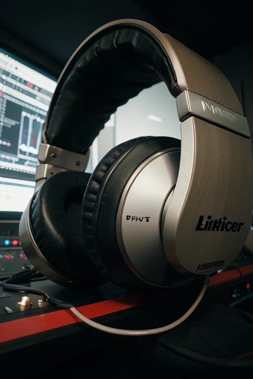 Music headphones in a recording studio with the logo on the headphones with a name that says Lucifer