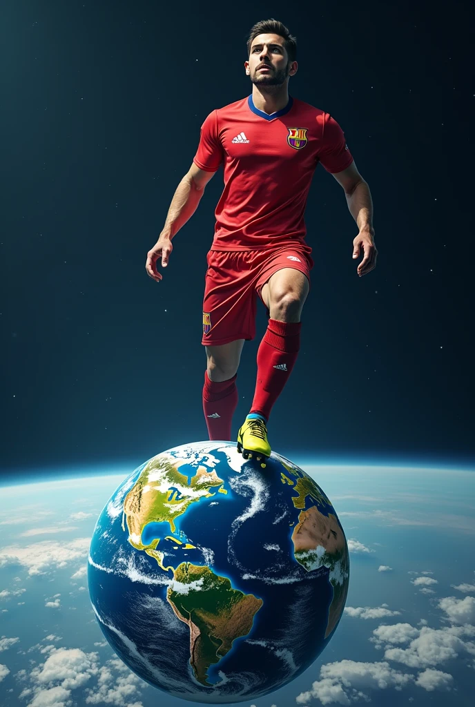 European football player stepping on planet earth as if it were a football 