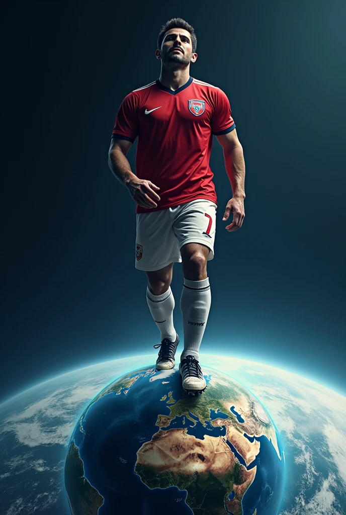 European football player stepping on planet earth as if it were a football 