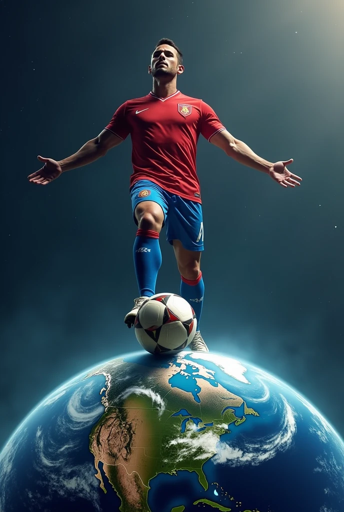 European football player stepping on planet earth as if it were a football